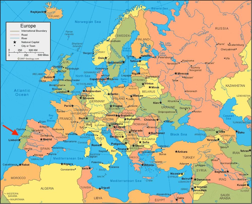 карта Европы в Португалии